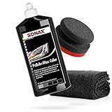 detailmate SONAX Hand Polier Set - SONAX Polish+Wax Color schwarz 500ml + Handpolierschwamm 'Puck' im Verbundaufbau hart Ø90/50mm + detailmate Edgeless Superflausch Mikrofaser Poliertuch 550GSM