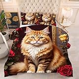 ZZXHG Weich 3D Druck Bettdecke Atmungsaktiv - Gelbe Erwachsene Katze, Bettdecken Set mit 2 Kissenhüllen 80x80 cm für Kinder, Hautfreundlich, 140x200 cm, Ersetzt Daunendecke_h111