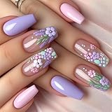 24 Stück solide künstliche Fingernägel, kurze Ballerinas, vollständige Abdeckung, künstliche Nägel, glänzend, zum Aufkleben, 3D-Blumen, zum Aufdrücken