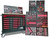 DeTec. Werkstattwagen bestückt mit Werkzeug | 12 Schubladen 11 gefüllt | Werkzeugwagen KFZ mit Holzarbeitsplatte | Werkzeugkasten mit Carbon Optik Einleger befüllt | Abschließbar und Feststellbremse