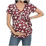 Schwangerschaft Kurzarm Umstands T-Shirt V-Ausschnitt Umstandsoberteile Stilloberteile Schwangere Nursing Top Sommer Stillshirt Elegant Umstandsbluse Schwangerschaft Kleidung zum Bluse Damen (Red, L)