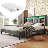 Gelukueub Polsterbett Doppelbett Stauraum-Kopfteil Bett mit Aufladen USB und LED-Beleuchtung Bettgestell Lattenrost aus Holz, Grau(Mit Matratze) (160 * 200CM)