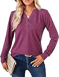 Langarmshirt für Damen Elegant T-Shirt Casual V-Ausschnitt Einfarbig Pullover Langarm Oberteil Damen Henleyshirt Tuniken Basic Tops mit Dekorative Button (S-XXL)