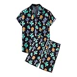 Minying Hawaiianische Hemden Shorts Hosen Set Herren Sommer 2-teilig Trainingsanzug Herren Strand bedruckt Kurzarm (Hemd + Hose) Gr. XXL, 47-Schwarz