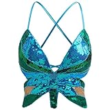 atokiss Bauchfreies Damen-Top mit glitzernden Schmetterlingen, Pailletten, Bandage, Schnürung, Tank-Top, Bauchtanz, Club, Party, Kostüm, Outfits, blau, Einheitsgröße
