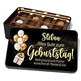 Pralinendose personalisiert „Alles Gute zum Geburtstag“ – moderne Geburtstagskarte mit Schokolade – Metalldose mit 12 Confiserie-Pralinen – Geburtstagsgeschenk für Frau & Mann