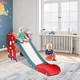 Fiqops Kinderrutsche, Rutsche 4-in-1 Faltbar,Kinder Fun Slide mit Englisch Frühbildungsgerät und Basketballkorb,Kinder Rutsche für 1-3 Jahre,kinderrutsche Outdoor&Indoor,Rutsche Kinder bis 35KG Rot