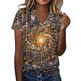 Galaxy T-Shirt für Damen UK Bluse 3D Druck Shirt Kurzarm Weltraum Rundhals Loose Fit Sternenhimmel Karneval Kostüm Pullover, gold, XXL