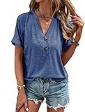 VEUNCOS Damen Kurzarm Tops Casual Sommer Shirts Knopfleiste V-Ausschnitt Tshirt Lockere Blusen Dunkelblau XL