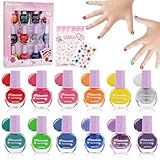 Nagellack Kinder Set 12 Farben Ungiftig Abziehbar Kindernagellack schnelltrocknend wasserlöslich Kinder Nagellack Kit Mädchen mit 2 Aufkleber, Karneval Geburtstag Geschenk Spielzeug Mädchen ab 3 Jahre