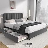 VECELO Polsterbett 140 x 200 cm Doppelbett mit 4 Stauraum Schubladen und Höhenverstellbarem Kopfteil, Stabiler Bettrahmen mit Lattenrost und Bettkasten, Samt, Ohne Matratze, Grau