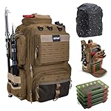 Goture Angelrucksack mit 4 Köderbox Angeln, 45-Liter Angelzubehör-Rucksack mit Zwei Rutenhaltern und Regenschutz, 900D Oxford-Gewebe Wasserabweisende Angelgerätetasche mit verstellbarem Fach