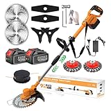 Rasentrimmer mit Akku und Unkrautbürste Bürstenlose Akku Rasentrimmer für Makita-Akkus mit 5 Klingentypen und 2X4.0Ah Akku 4 in 1 Akku Freischneider mit Unkrautbürste Teleskopisch,Orange,F