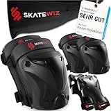 SKATEWIZ Knieschoner Kinder Schoner Inliner - Protektoren Set [6er] - Knie und Ellenbogenschützer - Schonerset für Skateboard und Inline Skating - PROTECT-1 Schwarz Größe S