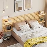 MSFE Kopfteil für Die Wand,Kopfteil zum Aufhängen aus Lamellen,Bed Heaboard Wandkopfteil 240 * 62CM aus Kiefernholz,Wandmontage Kopfteil für Bett,Verfügt über Vier Nachttischregale,Headboard