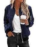 Zeagoo Damen Blouson Leichte Dünne Bomberjacke Fliegerjacke Kurz Langarm Motorradjacke Übergangsjacke mit 2 Taschen Reißverschluss Bikerjacke Navy Blau Jacke XXL