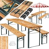 tectake® Bierzeltgarnitur mit Tisch und 2X Bierbank, mit Schirmhalterung und 12 Bodenschoner Bierzeltgarnitur, Balkon Möbel mit 1x Klapptisch und 2X Bierbänke, klappbar, 170 x 46 x 78 cm, lackiert