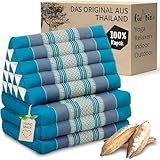 livasia Thaikissen 3 Auflagen extrahoch - 185x55x8cm - Dreieckskissen mit Klappmatratze, Kapok, Jumbo Rückenkissen faltbar, Thaimatte Klappen, handgefertigt, Meditationskissen (Hellblau)
