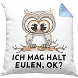 Trendation Eulen Fans Kissen mit Füllung 40x40 Geschenk Eulenliebhaber Geschenkidee Ich Mag Halt Eulen Ok (Blau)