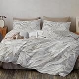 Reliefblumen Bettwäsche 3 teilig Weiß Blüten Blätter Bettwäsche Sets Microfaser Wendebettwäsche 240x260 cm, weich & bügelfrei Bettbezug 1er + Kissenbezug 2 er 80x80cm mit Reißverschluss