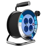 Kabeltrommel Schuko 4-fach, 50m, H05VV-F 3x1.5mm², Metallständer, Überlastschutz, Garten & Werkstatt