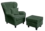Gemütlicher Ohrensessel mit Hocker im Landhaus-Stil, B90/H98/T76 cm, hoher Sitzkomfort durch Wellenunterfederung, moderner Lesesessel mit Echtholzfüßen und Zierkissen, Cordstoff in Grün / 18018