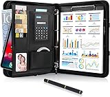 Schreibmappe A4, Konferenzmappe Leder, Dokumentenmappe mit Reißverschluss, Wasserdicht Aktenmappe mit Ringbuch Klemmbrett Notizblock, Portfolio Padfolio Mappe für Business Meeting, Schwarz