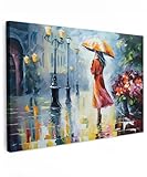 MuchoWow© Leinwand Groß 120x80 cm XXL Deko Schlafzimmer Aesthetic Leinwandbilder Wohnzimmer Gemälde Foto Geschenk Living Room Decoration Kunstdruck - Öl - Bunt - Regenschirm - Frau - Straße - Kunst