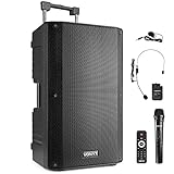 Vonyx VSA700-BP Partybox Bluetooth Lautsprecher Groß 1000W, 8 Std Akku, Mobile PA Anlage Komplettset mit 2 Kabellose Mikrofone und Fernbedienung - Mobile Musikbox Groß, USB, SD, MP3, Schwarz