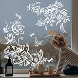 Supzone Fensteraufkleber Weiße Lotusblume Fensterbilder Frühling Sommer Blumenzweig Fenster Abziehbilder Doppelseitige Statische Anti-Kollision Fensterfolie Glas Fenster Türen Fensterdekoration