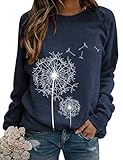 Dresswel Damen Löwenzahn Sweatshirt Langarmshirt Pusteblume Drucken Pullover Herbst Winter Bluse Tops Oberteile(Navy,XXL)