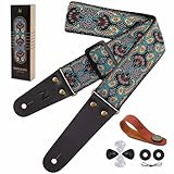 Nefelibata Gitarrengurt, Retro Bestickter Baumwolle Gitarrengurte mit echtem Leder Enden für Bass, Elektro-, Akustik-Gitarren, Geschenke für Kinder, Männer und Frauen Gitarristen