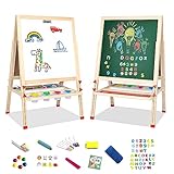 Savieva Holz Doppelseitige Kreidetafel für Kinder Tafel Malerei Holztafel Maltafel Schreib Schultafel für Kinder ab 3-15 Jahre ，Kreidetafel und Whiteboard Höhenverstellbar Standtafel (Extra groß)