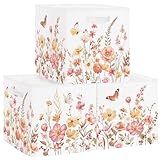 HUUMONSS 30cm Aufbewahrungsbox 3 Stück Wilde Blume Aufbewahrungskorb Kinder Falt Garten Schmetterling mit Griffen Aufbewahrungswürfel Organizer für Spielzeug Bücher Kleidung,Wildpflanzen