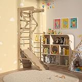 FEBORY Kletterwand-Set aus Holz für den Innenbereich, natürliches Kiefernmaterial, 200 x 60 cm, Wandmontage, Kinder-Fitnessstudio mit Rutsche, Ringen und Seilleiter, Gewichtskapazität 45,4 kg