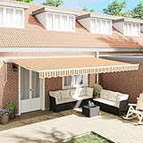Qnhdfrt Automatische Einziehbare Gelenkarmmarkise 500x350 cm Gelb Grau Weiß Gestreift Wetterfester Stoff Sonnenschutz mit Anpassbarer Höhe für Terrasse Balkon Garten