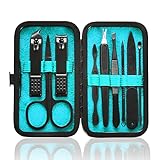 HANTEKAS Maniküre-Set, 9-in-1, Edelstahl, Nagelknipser, Schere, Pediküre-Werkzeug-Set, tragbares Reise-Pflege-Set für Männer und Frauen, mit schwarz/blauer Ledertasche (blau)