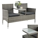 Juskys Polyrattan Gartenbank Monaco - 2-Sitzer Bank mit Tisch & Kissen - 133x63x84 cm - Rattan Sitzbank wetterfest Garten Balkon - grau-meliert