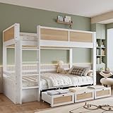 Merax Etagenbett Hochbett für Kinder Sicherheitsbett mit Gitter,Rattan Zaun, 90x200 cm, mit 3 ROLLSCHUBLADEN & Stabilem Lattenrost, 4-Stufen Leiter, Ohne Matratze, Weiß-Natur (Kiefer, MDF)