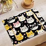Cartoon Katzengesicht Platzsets 6er Set, 30x45cm Einfach Liebe Tischsets Stoff Waschbar Platzdeckchen Küche Party Deko auch für Wohnzimmer