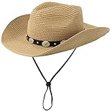 Strohhut Cowboyhut für Damen Herren Western Sonnenhut Breite Krempe Sommergürtel Cowgirl Hüte, Khaki-y, Einheitsgröße