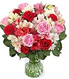 Blumenstrauß Rosenwunder, Rosen und Inkalilien, Rot, Weiß, Rosa, bis zu 40 Blüten, 40-50cm Länge, Qualität vom Floristen, handgebunden, perfekte Geschenkidee bestellen