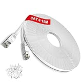 TBMax 30m/10m/15m/20m Lan Kabel Cat6 Flach Netzwerkkabel High Speed 250 MHz 1000Mbit/s Gigabit Ethernet-Kabel RJ45 Internetkabel Kompatibel mit Router/Modem/Patch-Panel/Mac Weiß,15Meter