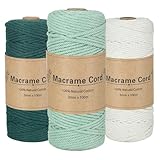 BUCOMTU 3 Stück Makramee Garn,3mm x 300m Baumwollkordel in Naturtönen (dunkelgrün, hellgrün, beige),Perfekt für DIY-Handarbeiten, Flechtkunst und kreative Verpackungen