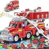 TEMI 3 4 5 6 Jahre alte Jungen Feuerwehrwagen Kinderspielzeug, Jungen Auto Abenteuer Spielzeug, Spielzeug mit 8-Miniautos, Mobile Card Station Spielzeug Spur