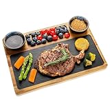 HALE OTEIR Schieferplatte Servierplatte Für Steak, Zum Grill Geschirr, Schieferplatte Servierplatte aus Akazien-Holz mit 2 Dipschale und Fächern, Steakteller Vorspeisenteller