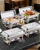 VEVOR Chafing Dish Set Speisenwärmer Edelstahl mit 2 Pfannen in voller Größe (7,5 L) & 4 halbgroßen Pfannen (4 L), rechteckiger Catering-Wärmespender mit Deckel & Wasserpfannenständer, Gold