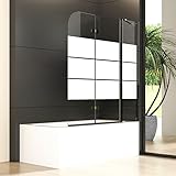 Duschwand für Badewanne 160x140cm 3-teilig Glas Faltbar Gestreift Duschabtrennung, Schwarz Badewannenaufsatz Duschtrennwand mit festem Segment, Klappbar Badewannenwand mit 6mm ESG Sicherheitsglas
