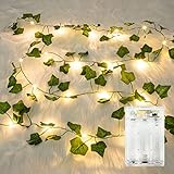 1 Stück LED Lichterkette Efeu Künstlich, 2M Fake Efeu Girlande mit 20 LED-Licht Batterie mit Timing-Funktion, Lichterkette mit Blumengirlande Hängend Pflanzen für Innenberei,Hochzeit, Party Deko