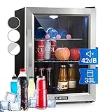 Klarstein Mini Kühlschrank mit Glastür, für Zimmer, Getränkekühlschrank Klein mit Verstellbaren Ablagen, 33 Liter, Indoor/Outdoor Kühlschrank Leise